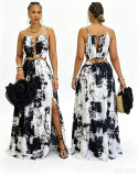 Women Sleeveless Hollow Out Low Back Print Long Dress