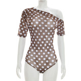 Spring & Summer Women Mesh See-Through Polka Dot Slash Shoulder Short Sleeve Fitted Bodysuit