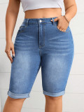 Women Plus Size Mid Waist Slim Fit Washed Blue Stretch Denim Knee-Length Shorts