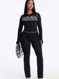 Women Solid Color Letter Print Stretch Sports Zip Hooded Top & Pants Set
