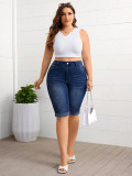 Women Plus Size Mid Waist Slim Fit Washed Blue Stretch Denim Knee-Length Shorts