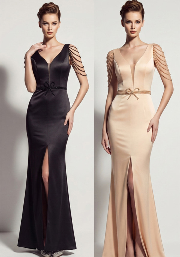 Women Sexy Deep V-Neck Tassel Shoulder High Split Mermaid Formal Party Long Dress