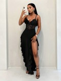Summer Women Fashion Lace Strap Sexy Fitted Split Ruffle Edge Dress