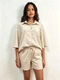 Women Multi-Color Turndown Collar Loose Shirt Shorts Solid Color Casual Career Set