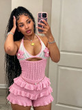 Summer Women Knitting Crochet Halter Neck Lace-Up Hollow Out Jumpsuit