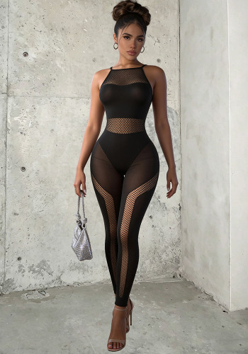 Women Hollow Out Fishnet High Waist Fitted Jumpsuit