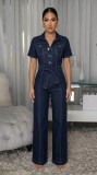 Summer Women Denim Casual Turndown Collar Button Belt Jumpsuit