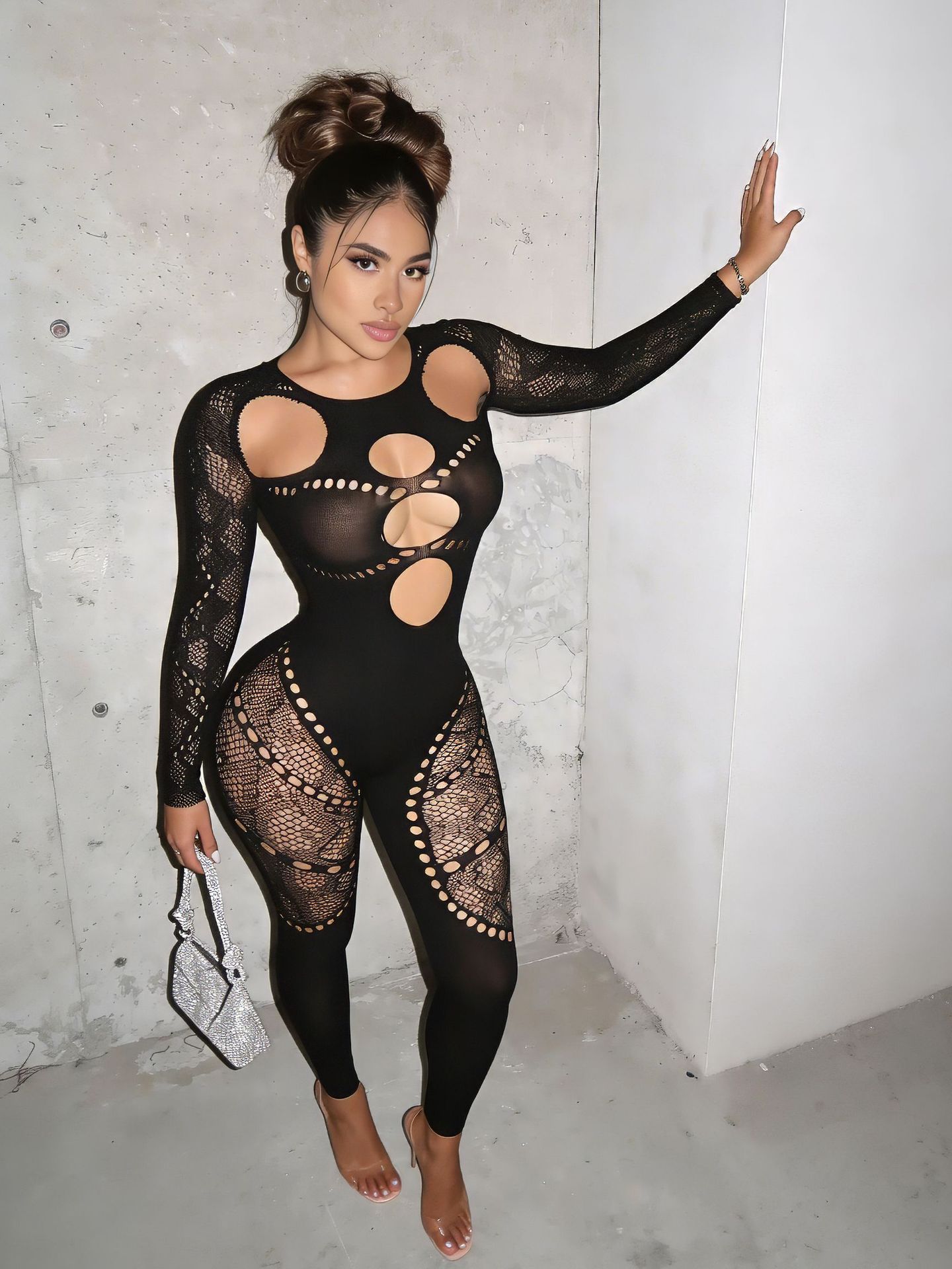 Hollow-Out High Waist Fitted Jumpsuit for Holiday Clubwear