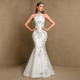 Women Halter Neck Beaded Sleeveless Mermaid Evening Dress