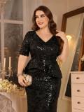 Women Plus Size Elegant Deep V Sequin Mermaid Short Sleeve Sequin Formal Party Evening Dress