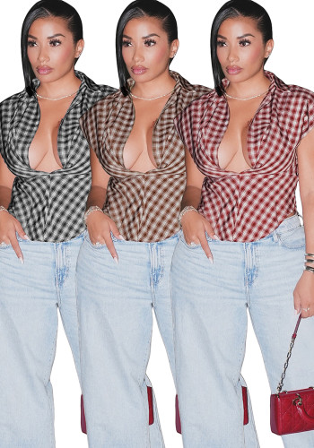 Women Fashion Plaid Turndown Collar Deep V Slim Waist Sleeveless Crop Top