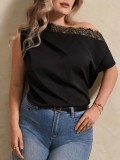 Women Slash Shoulder Lace Patchwork Irregular Ruffle Short Sleeve T-Shirt
