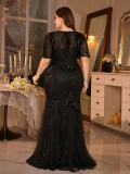 Women Plus Size Mesh Sequin Formal Party Bat Sleeves Sexy Mermaid Patchwork Long Evening Dress