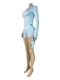 Women Fashion Hooded Zipper Long Sleeve Shorts Three-Piece Set (With Headband)
