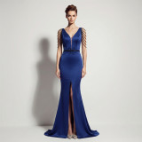 Women Sexy Deep V-Neck Tassel Shoulder High Split Mermaid Formal Party Long Dress