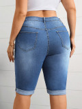 Women Plus Size Mid Waist Slim Fit Washed Blue Stretch Denim Knee-Length Shorts
