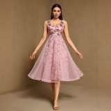 Summer Women V-Neck Sequin Mesh Midi Party Evening Dress