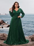 Women V-Neck Pleated Ball Gown Elegant Long Sleeve Sequin Plus Size Split Applique Evening Dress