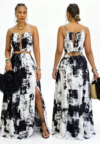 Women Sleeveless Hollow Out Low Back Print Long Dress