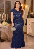 Summer Women Plus Size Sequin Pleated Cross Elegant Mermaid Formal Party Long Dress
