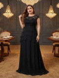 Women Plus Size Lace Patchwork Chiffon Ruffle Edge A-Line See-Through Formal Party Evening Dress