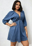 Women V-Neck Puff Sleeve Denim Side Pocket Slim Waist A-Line Casual Mini Dress