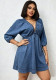 Women V-Neck Puff Sleeve Denim Side Pocket Slim Waist A-Line Casual Mini Dress