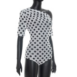Spring & Summer Women Mesh See-Through Polka Dot Slash Shoulder Short Sleeve Fitted Bodysuit