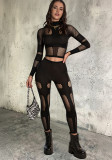 Women Long Sleeve Hollow Out Club Party Pants Set