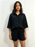 Women Multi-Color Turndown Collar Loose Shirt Shorts Solid Color Casual Career Set