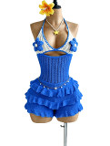 Summer Women Knitting Crochet Halter Neck Lace-Up Hollow Out Jumpsuit
