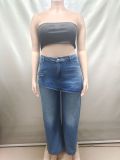 Women Street Washed Elastic Waist Straight Leg Denim Culottes