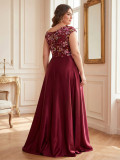 Women Sweet Embroidery Formal Party Plus Size Irregular Neck Pleated Cross Waist Evening Long Satin Dress