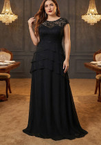 Women Plus Size Lace Patchwork Chiffon Ruffle Edge A-Line See-Through Formal Party Evening Dress