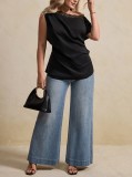 Women Slash Shoulder Lace Patchwork Irregular Ruffle Short Sleeve T-Shirt