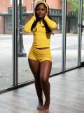 Women Fashion Hooded Zipper Long Sleeve Shorts Three-Piece Set (With Headband)