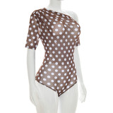 Spring & Summer Women Mesh See-Through Polka Dot Slash Shoulder Short Sleeve Fitted Bodysuit
