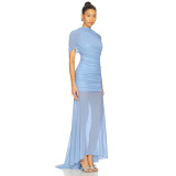 Summer Women Solid Color Mesh Patchwork Short Sleeve Ruched Train Fitted Long Dress