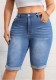 Women Plus Size Mid Waist Slim Fit Washed Blue Stretch Denim Knee-Length Shorts
