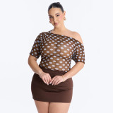 Spring & Summer Women Mesh See-Through Polka Dot Slash Shoulder Short Sleeve Fitted Bodysuit