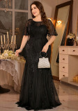 Women Plus Size Mesh Sequin Formal Party Bat Sleeves Sexy Mermaid Patchwork Long Evening Dress