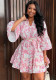Women Summer V-Neck Print Bell Bottom Sleeve Lace-Up Dress