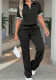 Women Casual Polo Zipper Collar Color Block Short Sleeve Top and Pants Two-Piece Set