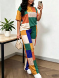 Women Spring Summer Round Neck Short Sleeve T-Shirt and Pants Two-Piece Set