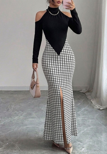 Women Summer Long Sleeve Off Shoulder Plaid Print Maxi Dress