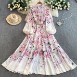 Women Print Stand Collar Lantern Sleeve Dress