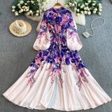 Women Print Stand Collar Lantern Sleeve Dress