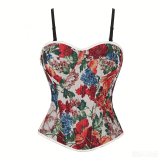 Women Oil Painting Floral Jacquard Thin Spaghetti Strap Boned Corset Shaping Top