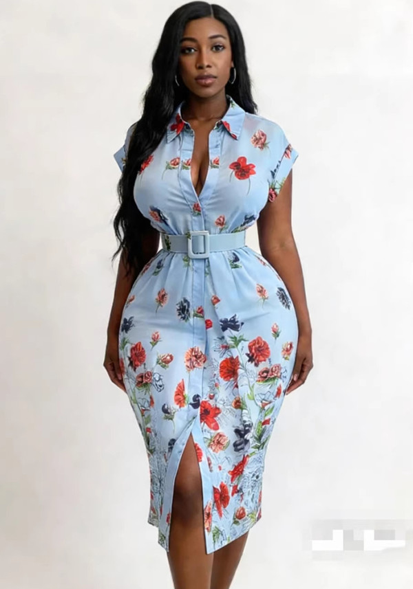 Women French Polo Collar Short Sleeve Summer Print Maxi Dress