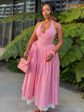Women Summer Halter Neck Polka Dot Backless Puffy Maxi Dress